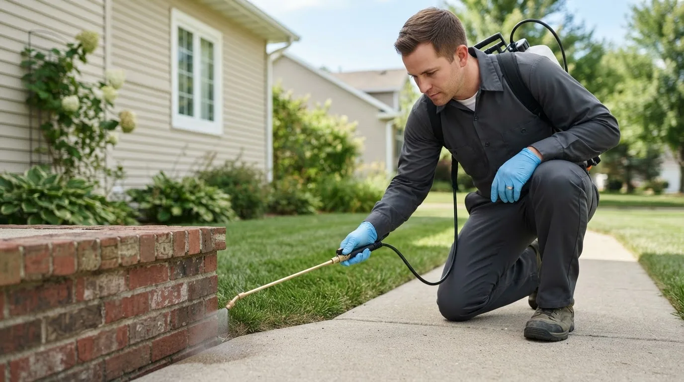 Pest control technician treating a home near Kent City, MI