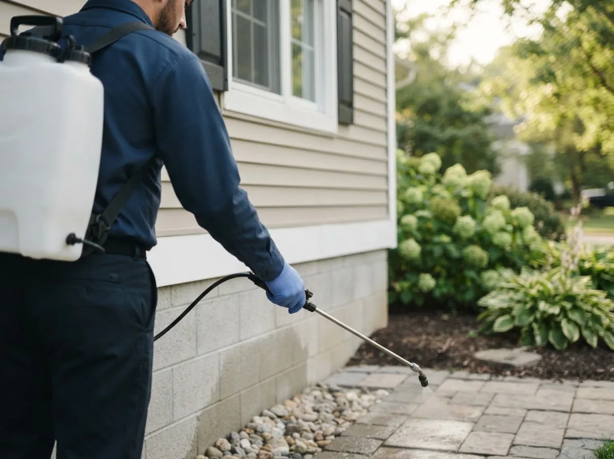 Pest control technician inspecting a home in Kent City, MI